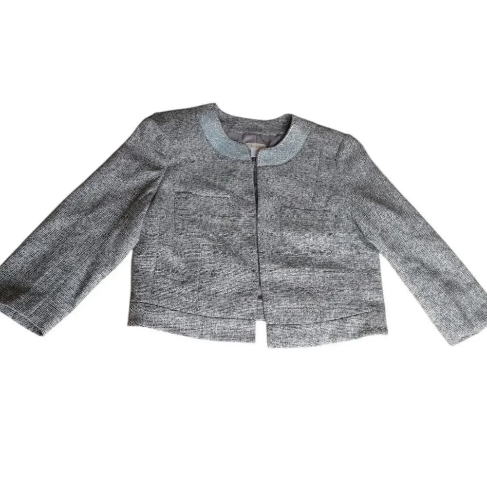 LOFT Silver Cropped Jacket with Sequin Collar | Size 14 | Lined Preppy Glam EUC - Picture 2 of 11